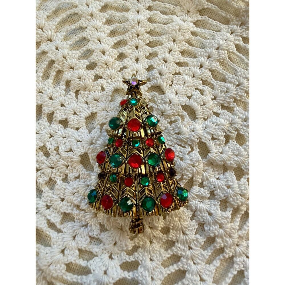 Vintage Gerrys Rhinestone Christmas Tree Brooch Pin, Red & Green Ornaments